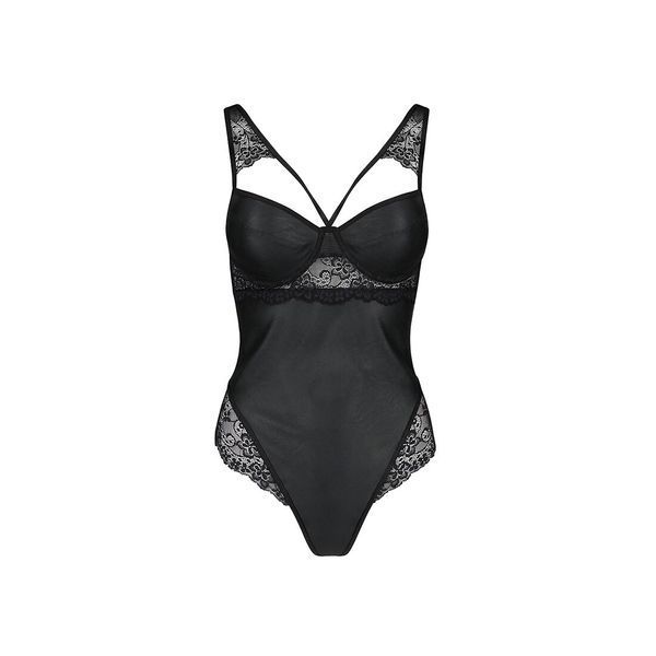 Боді з еко-шкіри та мережива Passion LOONA BODY XXL/XXXL, black SO5357 фото