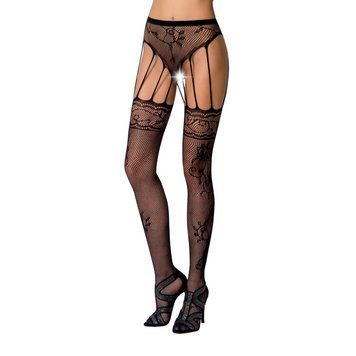 Сітчасті панчохи-стокінги Passion S016 One Size, Black, імітація ажурного пояса з гартерами PSS016B фото